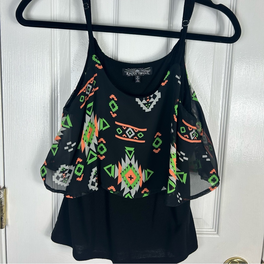Almost Famous Black and Multicolored Aztec Print Ruffle Tank Top - Picture 3 of 4